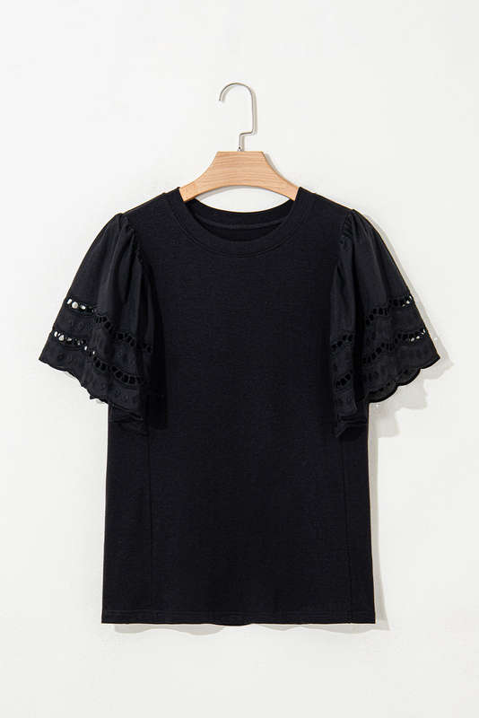 Black Hollow Out Embroidered Short Sleeve O Neck Top