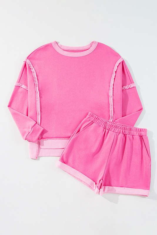 Sachet Pink High Low Patchwork Long Sleeve Top and Shorts Set