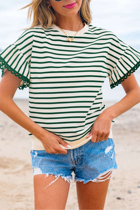 Green Stripe Scallop Lace Trim Ruffle Short Sleeves Crewneck Top
