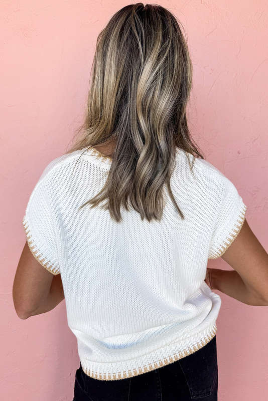 White Knitted YEEHAW Stitch Edge Crew Neck Sweater T Shirt