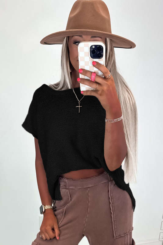Black Solid Color Sweater Tee with Side Slits