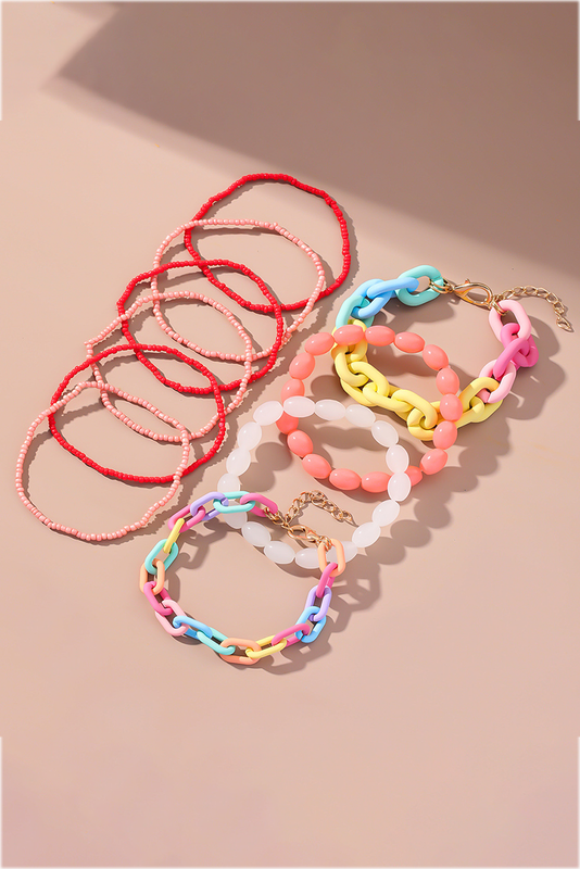 Pink Colorful Beaded Chain Link Layered Bracelet Set