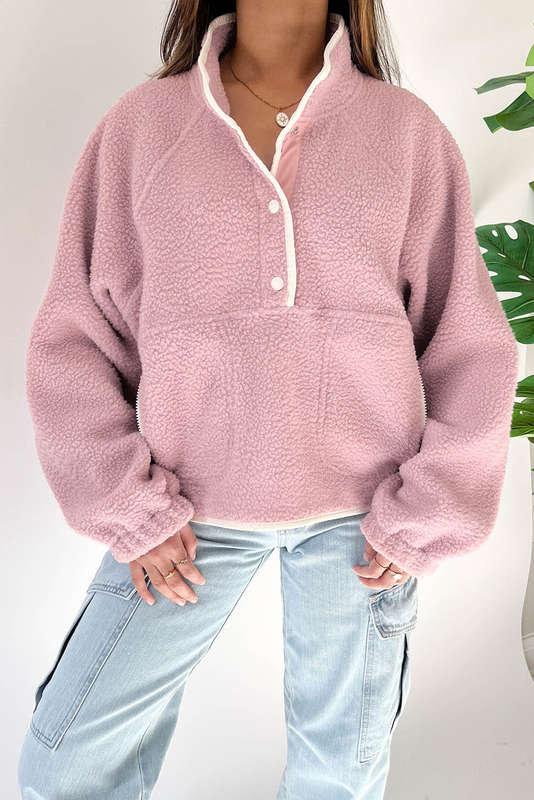 Fushia Stand Neck Half Button Zip Pocket Plush Sweatshirt
