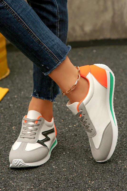White PU Leather Color Block Patchwork Lace Up Sneakers