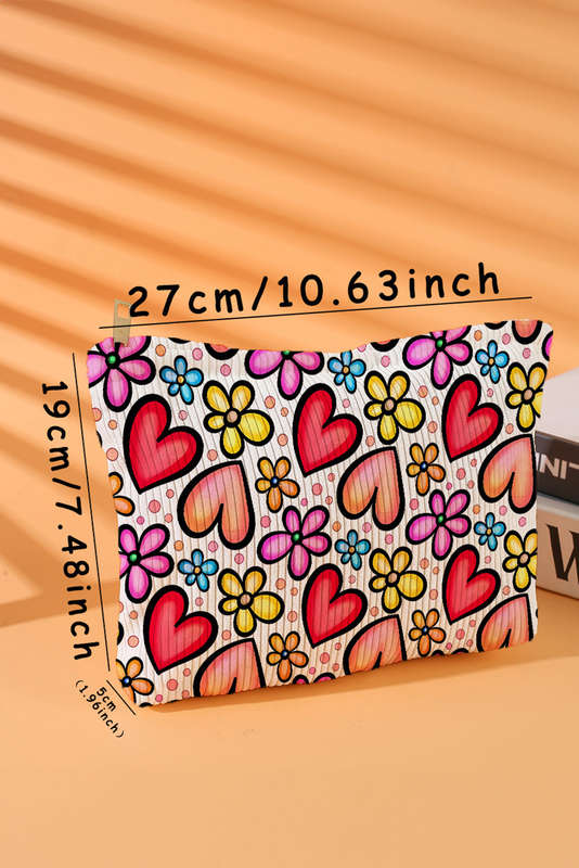 Fiery Red Heart Flower Print Corduroy Large Makeup Bag