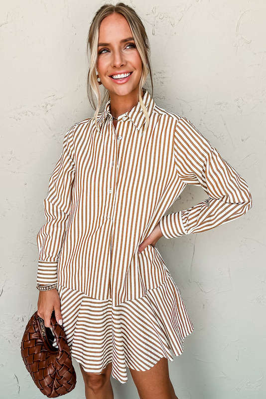 Brown Stripe Ruffled Hem Collared Long Sleeve Shirt Mini Dress
