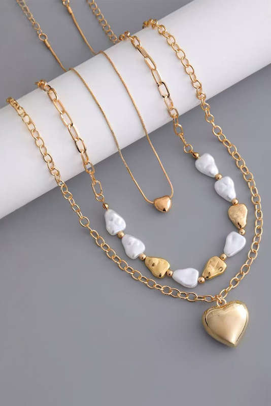 Gold Plated Layered Heart Pendant Irregular Pearl Layered Necklace