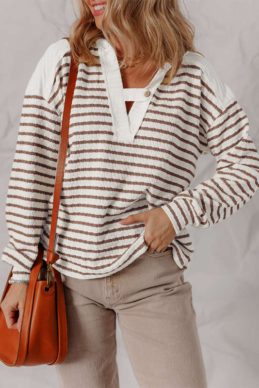Khaki Stripe Textured Hooded V Neck Casual Long Sleeve Top