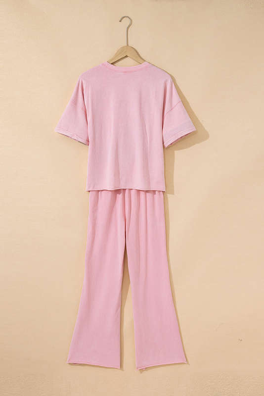 Light Pink Acid Wash Star Patched Rolled Trim Pants Set