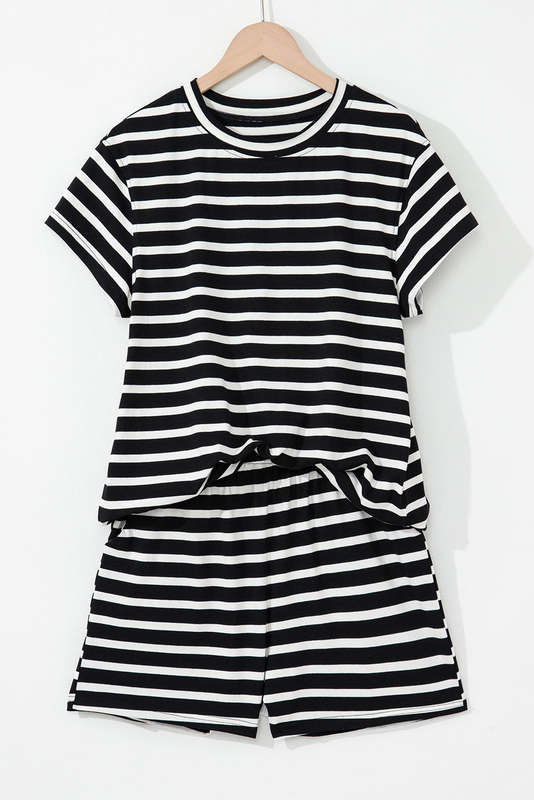 Black White Striped Short Sleeve Top and Shorts Set