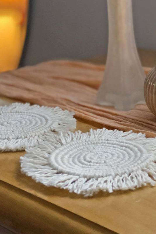 Beige Boho Tassel Macrame Coaster 15cm