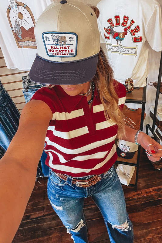 Red Stripe Collared Split Neck Sweater Vest
