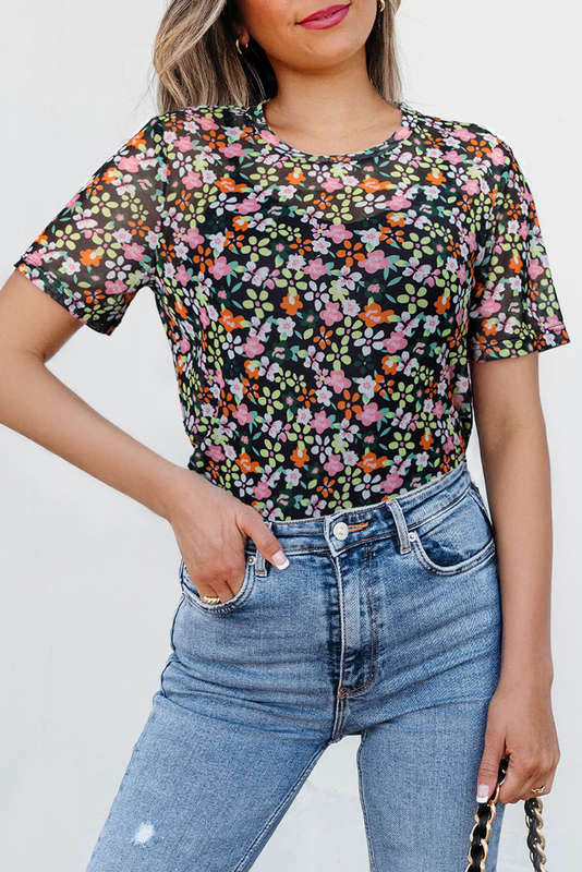 Black Sheer Floral Mesh Round Neck T Shirt