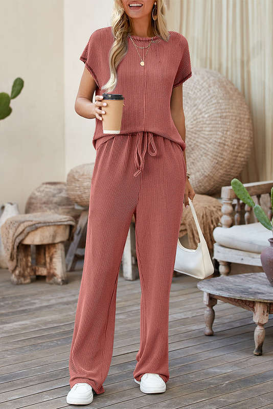 Mineral Red Solid Color Corded Short Sleeve Top and Casual Pants Set
