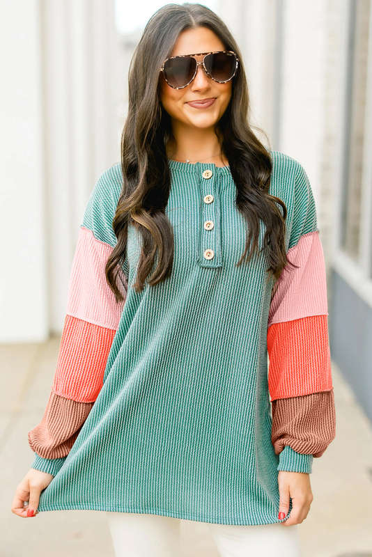 Multicolour Twisted Ribbed Knit Colorblock Henley Top