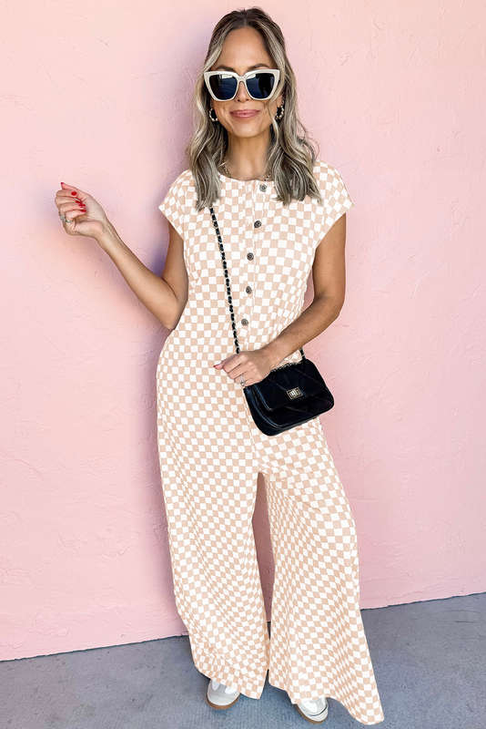 Apricot Checkered Print Buttoned Crew Neck Wide Leg Jumpsuit