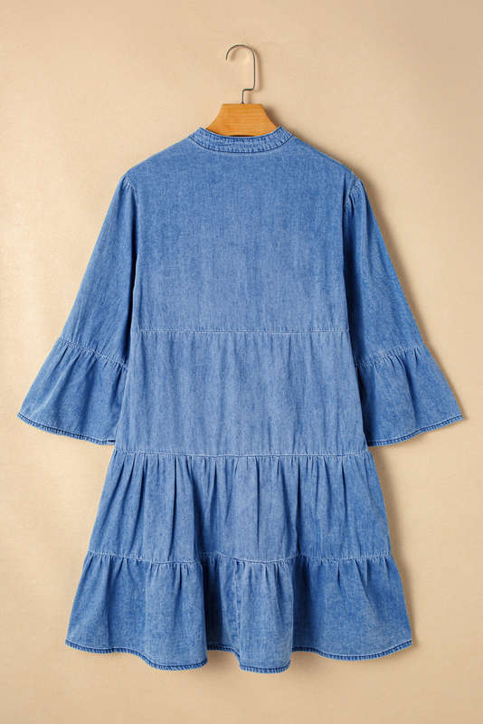 Blue V-Neck Knitted Summer Top with Exposed Seams