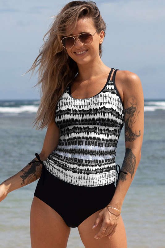 Black Printed Double Straps Printed Tankini Top with Shorts 2pcs Swimsuit