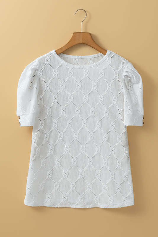 White Flower Geometric Textured Button Short Sleeve Top