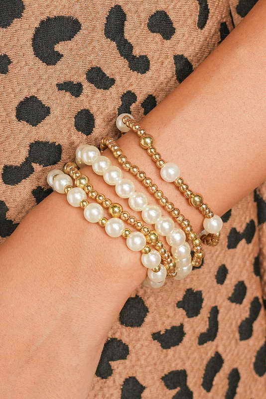 Gold Cross Pearls Decor Plated Beaded Multi Layer Bracelets
