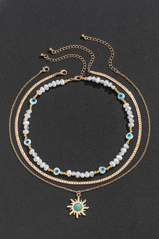 Gold Sun Turquoise Pearl Beaded Multi Layered Pendant Necklace