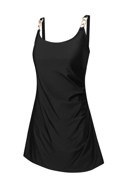 Black Grommet Shoulder Strap Pleated Swim Dress