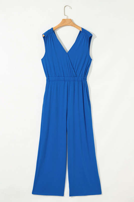 Sky Blue Deep V Pleated Crisscross Wide Leg Backless Jumpsuit