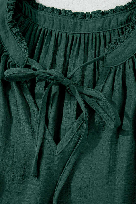 Green Bay Eyelet Embroidered Sleeve Tie V Neck Blouse