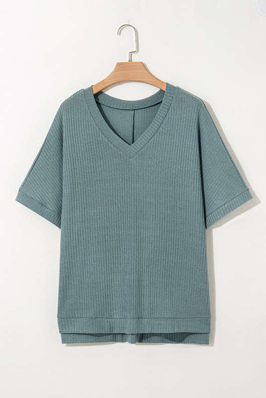 Moonlight Jade Oversized Ribbed Knit V Neck Dolman Short Sleeve Top