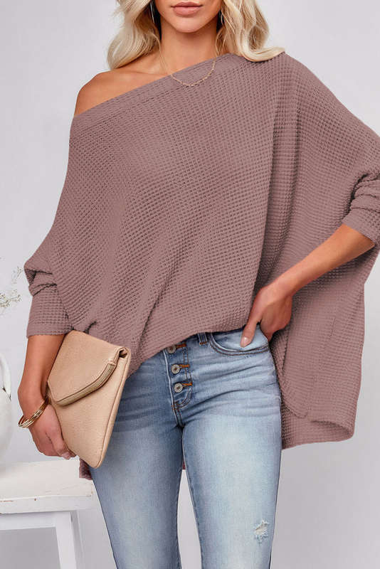 Casual Waffle Knit Eyelet Long Sleeve Blouse