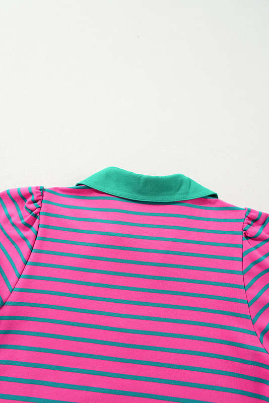 Pink Stripe Collared V Neck Puff Sleeve T Shirt Dress