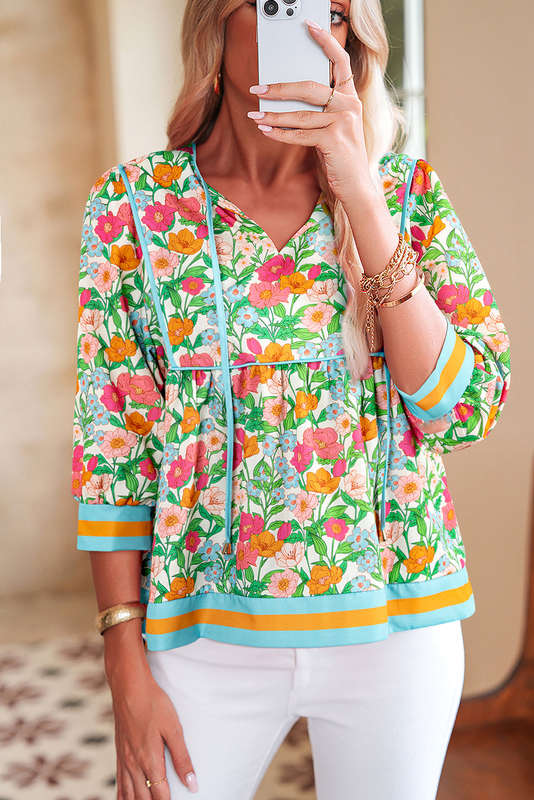 Green Floral Print Striped Trim Tie Neck Puff Sleeve Babydoll Blouse