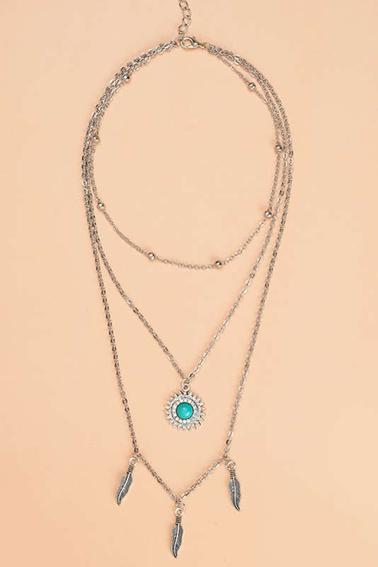 Silvery Boho Turquoise Sun Leaves Multi Layered Necklace