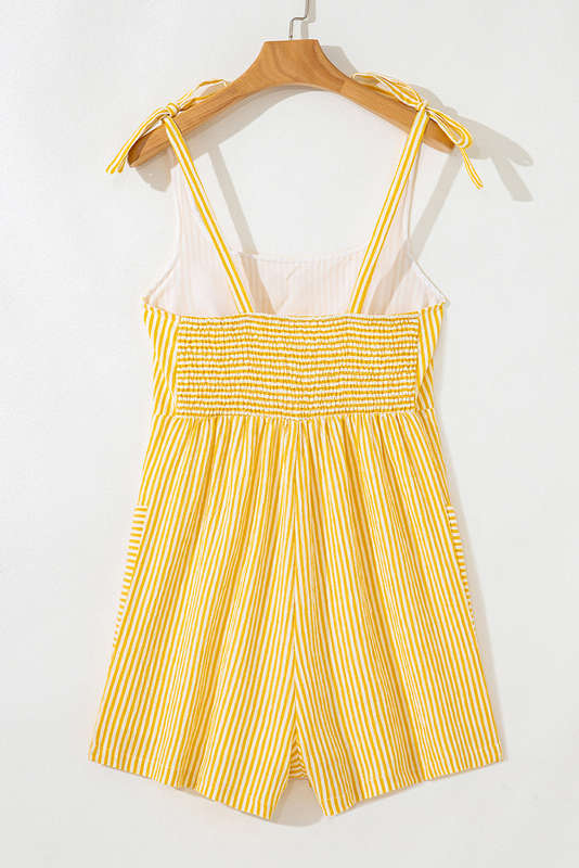 Yellow Stripe Shoulder Tie Smocked Back Wide Leg Casual Romper