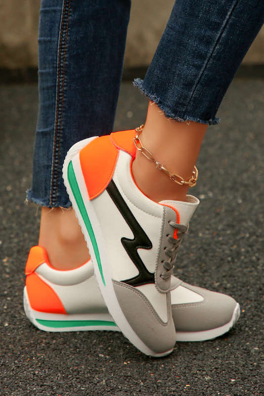 White PU Leather Color Block Patchwork Lace Up Sneakers