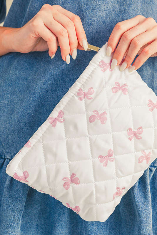 White Bow Knot Print Zipper Quilted Large Cosmetic Bag