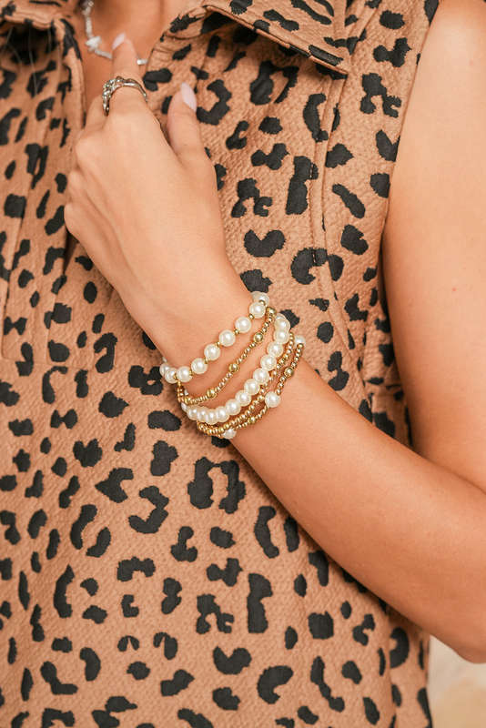 Gold Cross Pearls Decor Plated Beaded Multi Layer Bracelets