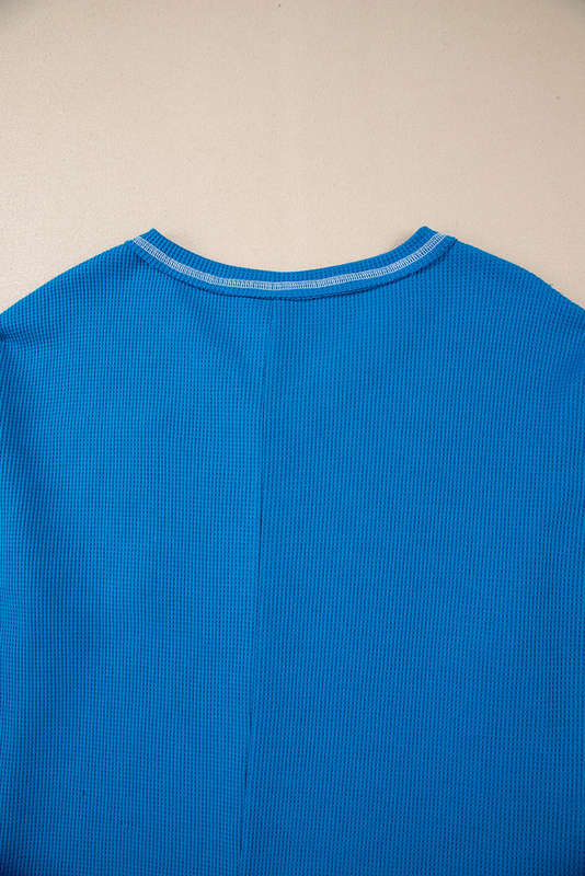 Blue V-Neck Knitted Summer Top with Exposed Seams