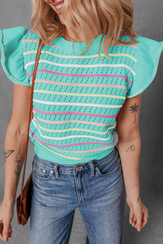 Green Knitted V-Neck Casual Top with Raw Seam Detail