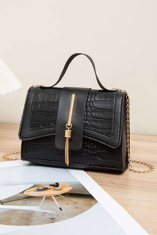 Black Faux Crocodile Leather Metal Chain Strap Tassel Decor Bag