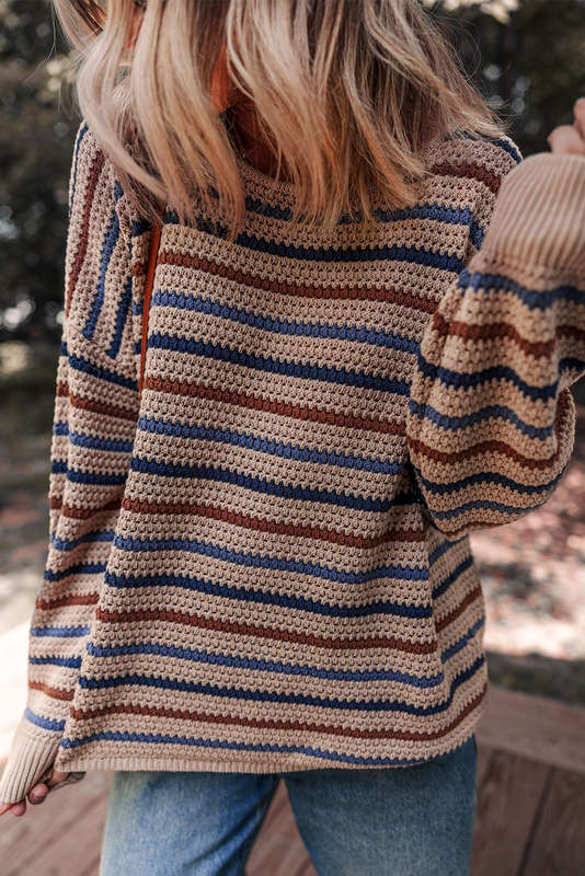 Multicolour Striped Knitted Drop Shoulder Round Neck Sweater