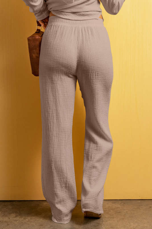 Smoke Gray Textured Loose Fit Drawstring Elastic Waistband Pants