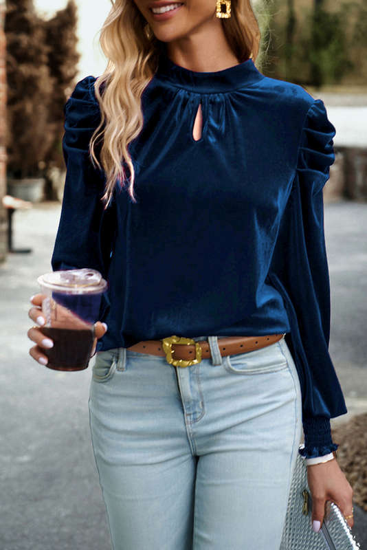 Blue V-Neck Knitted Summer Top with Exposed Seams