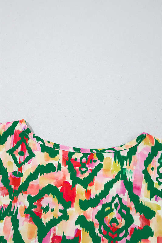 Green Abstract Print V Neck Short Sleeve Blouse