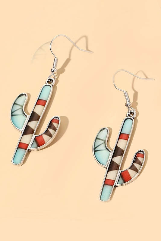 Light Blue Western Cactus Alloy Dangle Earrings