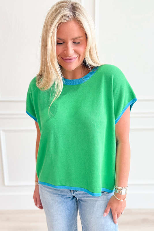 Green Contrast Trim Round Neck Short Sleeve Loose Knit Sweater