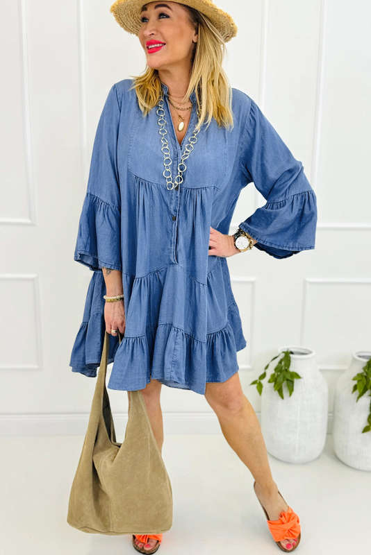 Blue V-Neck Knitted Summer Top with Exposed Seams
