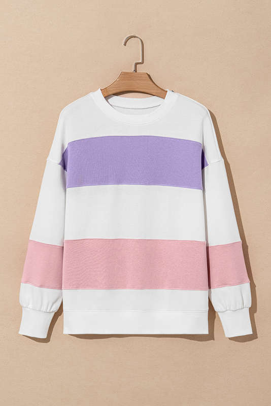 Beige Colorblock Patchwork Drop Shoulder Crewneck Sweatshirt