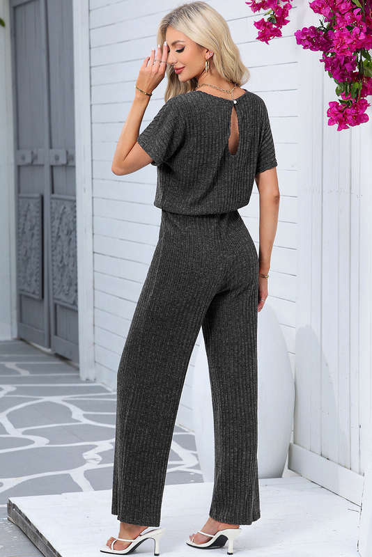 Dark Grey Ribbed Keyhole Short Sleeve Wide Leg Jumpsuit