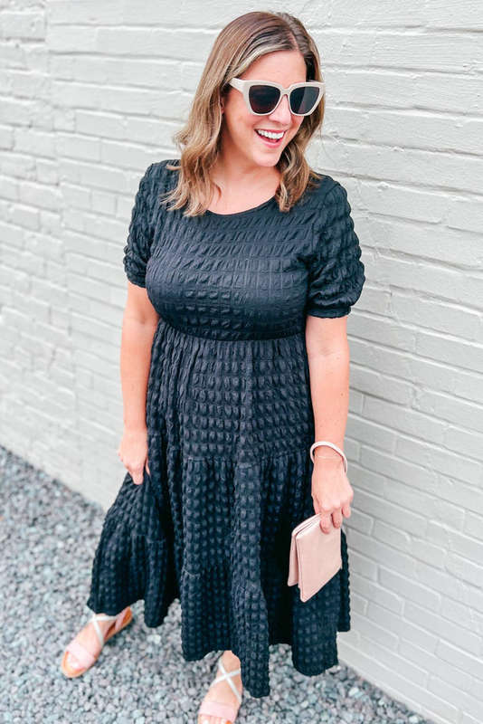 Black Plus Size Textured Tiered Short Sleeve Maxi Dress